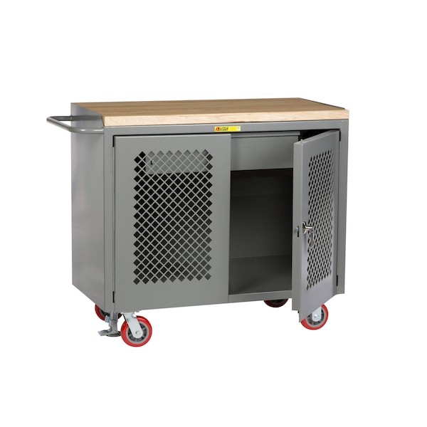 Mobile Bench Cabinets, Perf Doors, 36"W, HD Drawer, Butcher Block